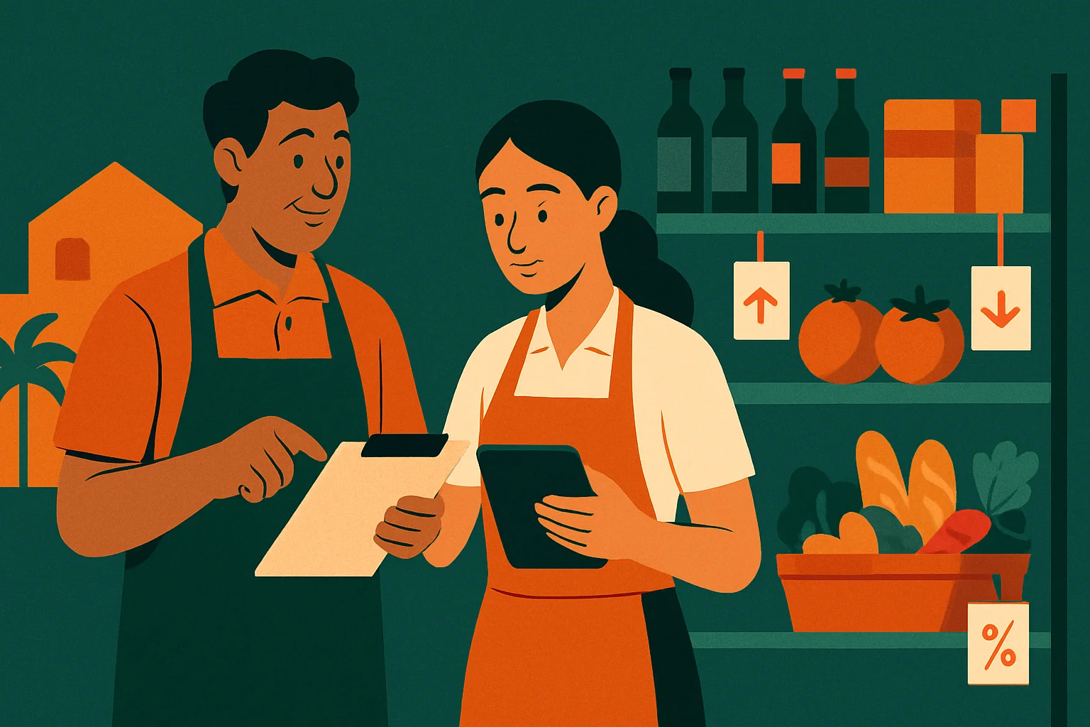 Ilustração editorial de um mercado de bairro no Brasil, com dona ou dono do comércio e uma pessoa no caixa analisando produtos de giro lento e itens próximos do vencimento.