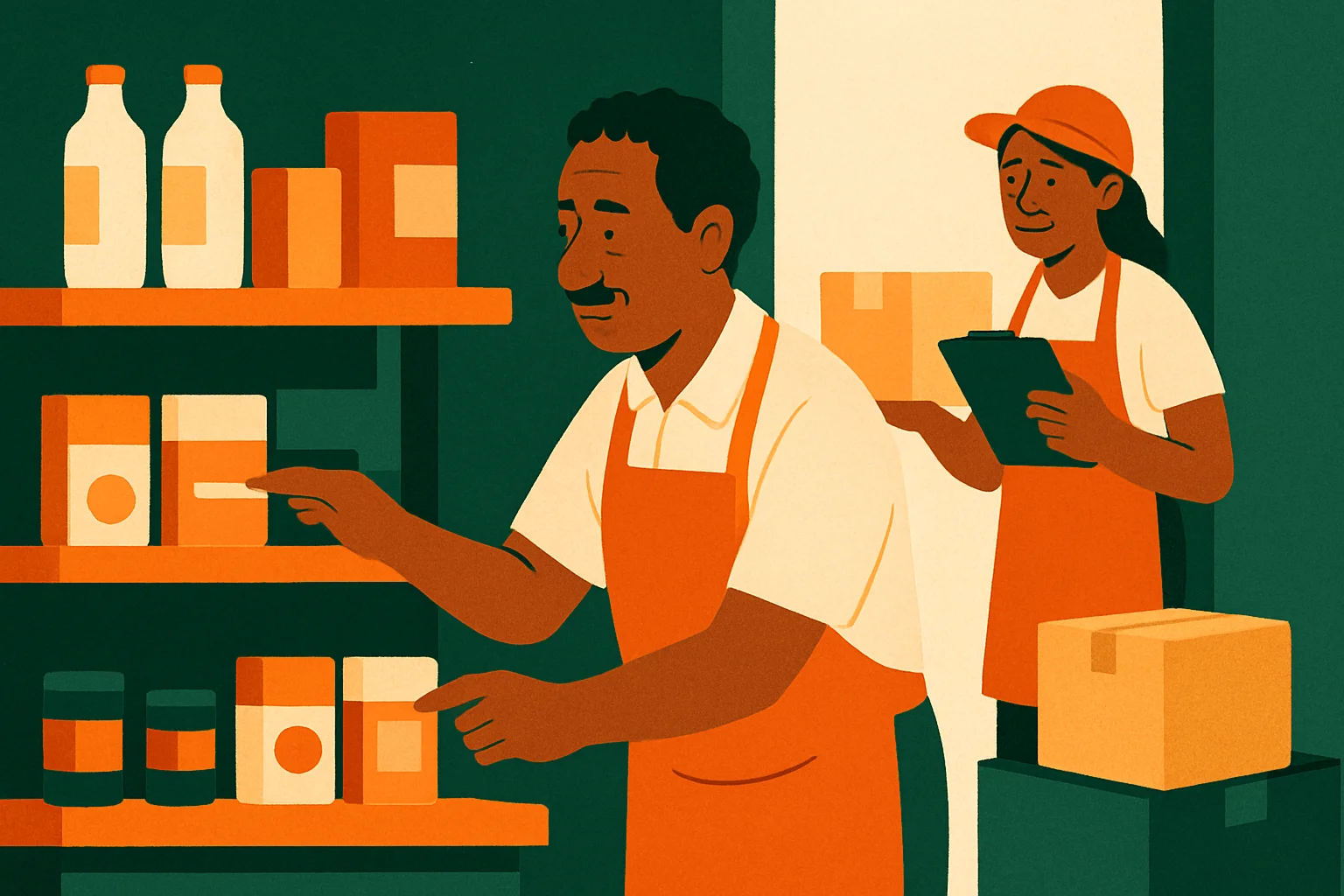 Ilustração de uma mercearia de bairro no Brasil com dois funcionários organizando produtos na prateleira e conferindo datas de validade.
