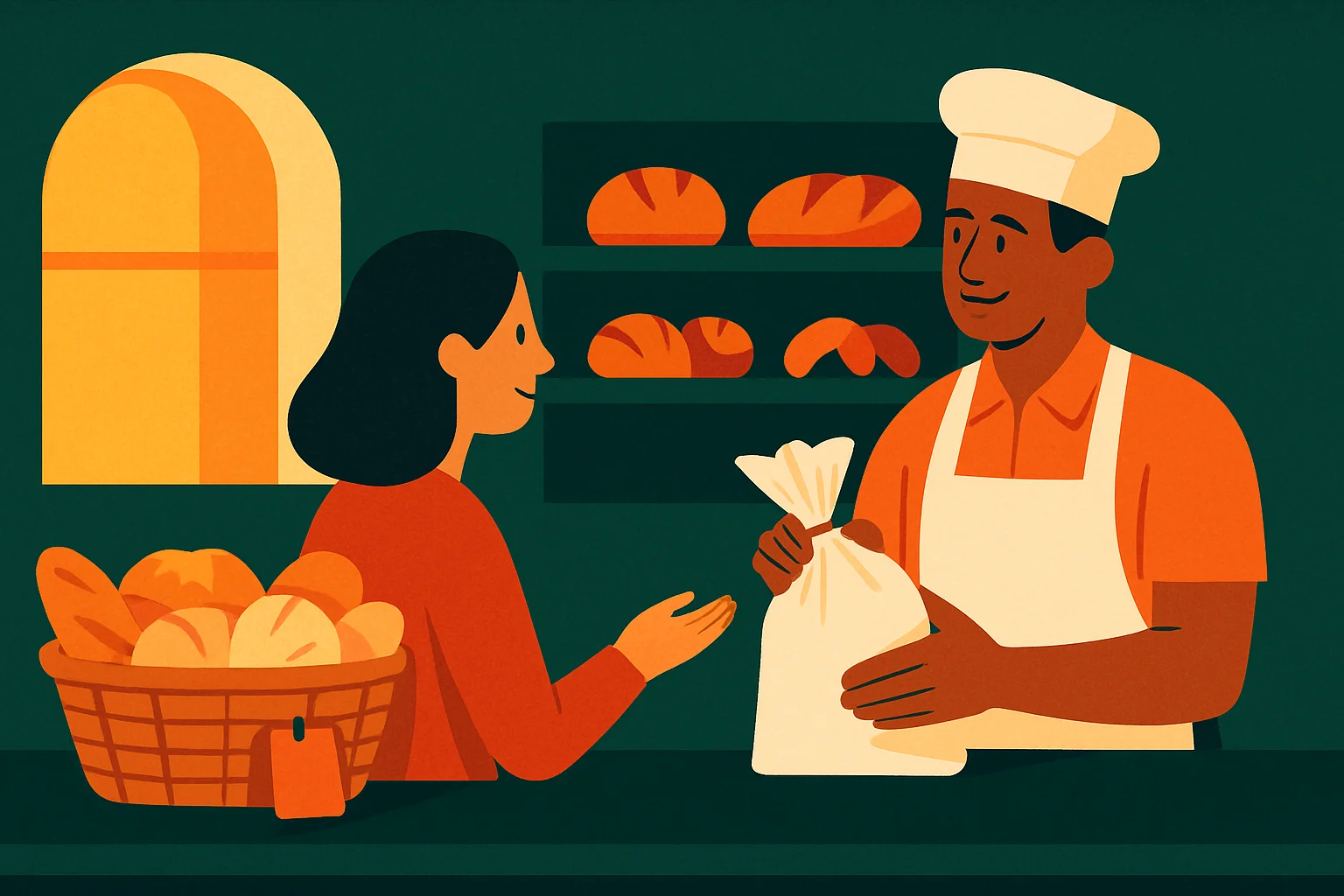 Padeiro entregando um saco de pães a uma cliente, com uma cesta de pães com etiqueta de preço no balcão