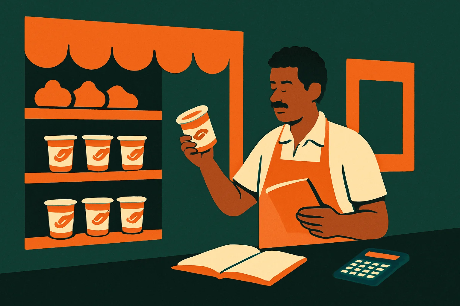 Dono de uma loja de bairro conferindo produtos vencidos e fazendo contas no balcão.