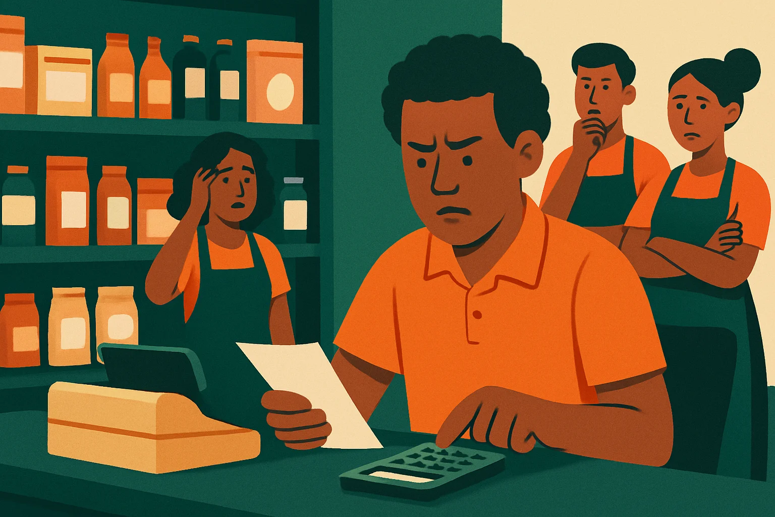 Ilustração editorial de uma loja de bairro brasileira com dono analisando estoque parado e fluxo de caixa no caixa.